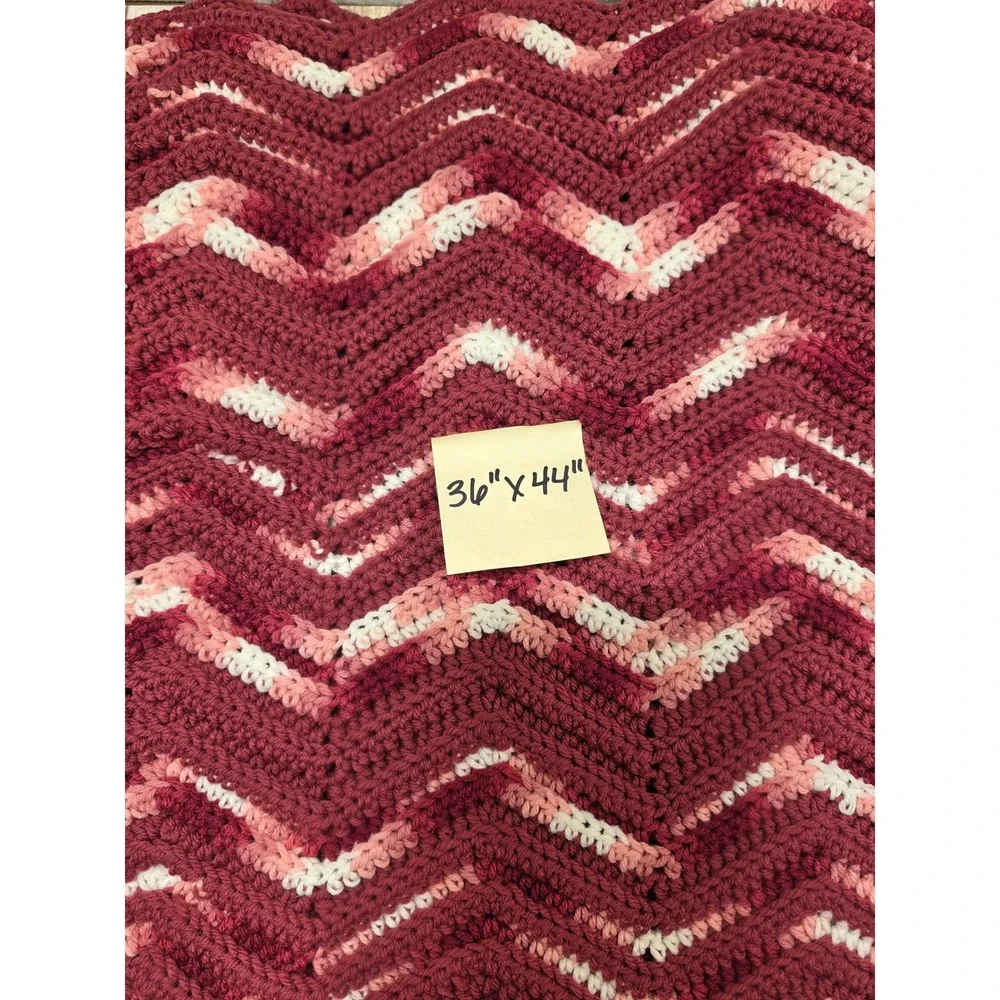 Handmade Crochet Chevron Ripple Blanket Burgundy‎ Rose Cream 36x44 Throw